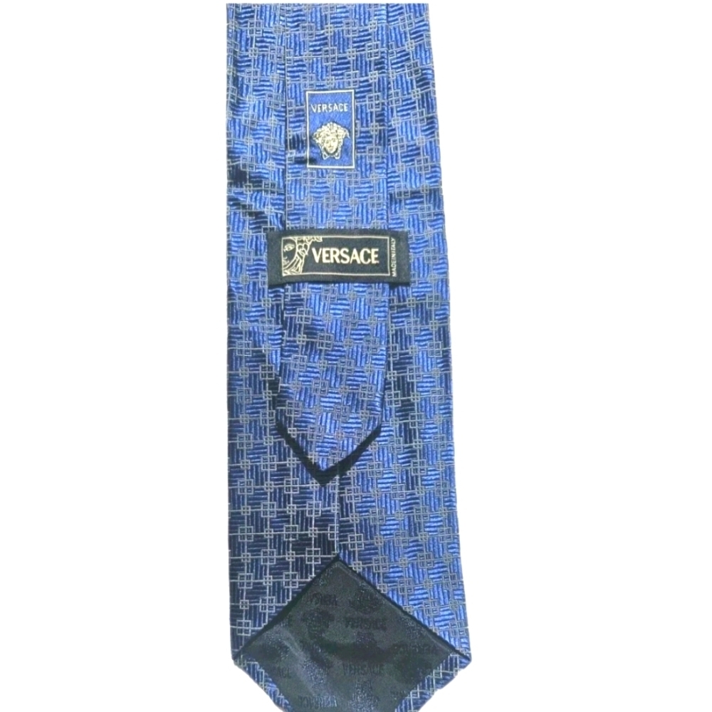 Versace 100% Silk Tie Blue Geometric Made In Italy Excellent Condition